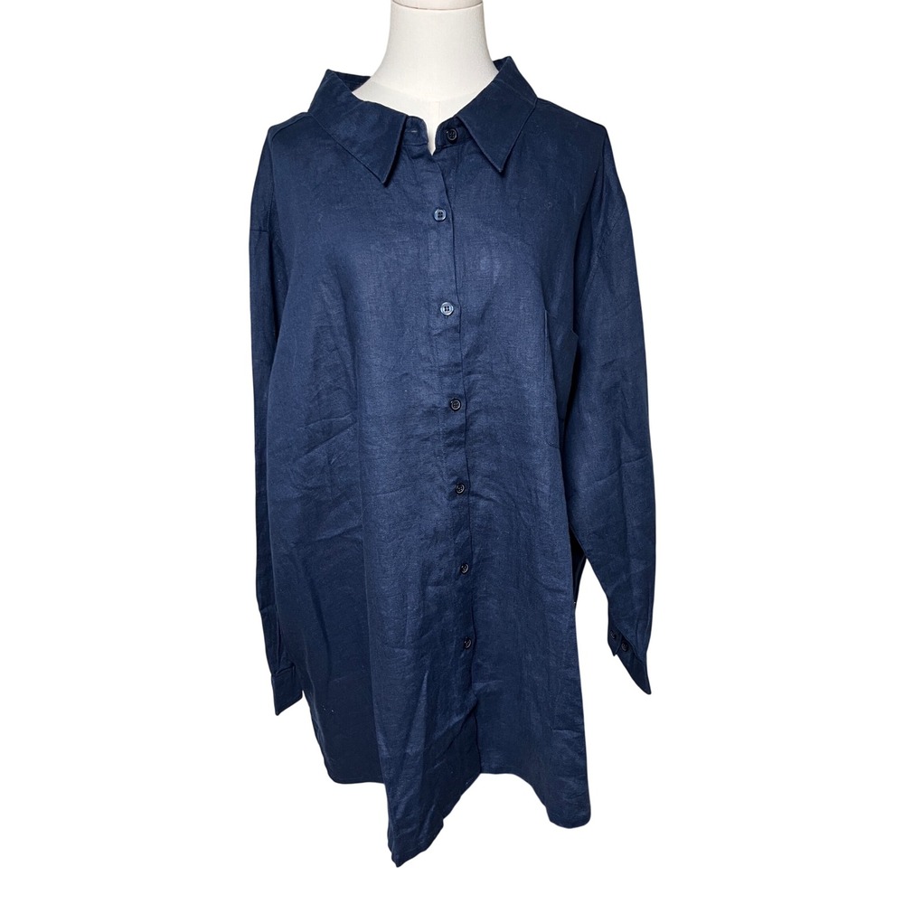 Bridgewater Studio 100% Linen Button Down Tunic Shirt Navy Blue Plus 4X
